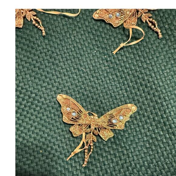 10 Butterfly Metal Christmas Ornaments Filigree Blue Jewels Set of 10 - Picture 5 of 7